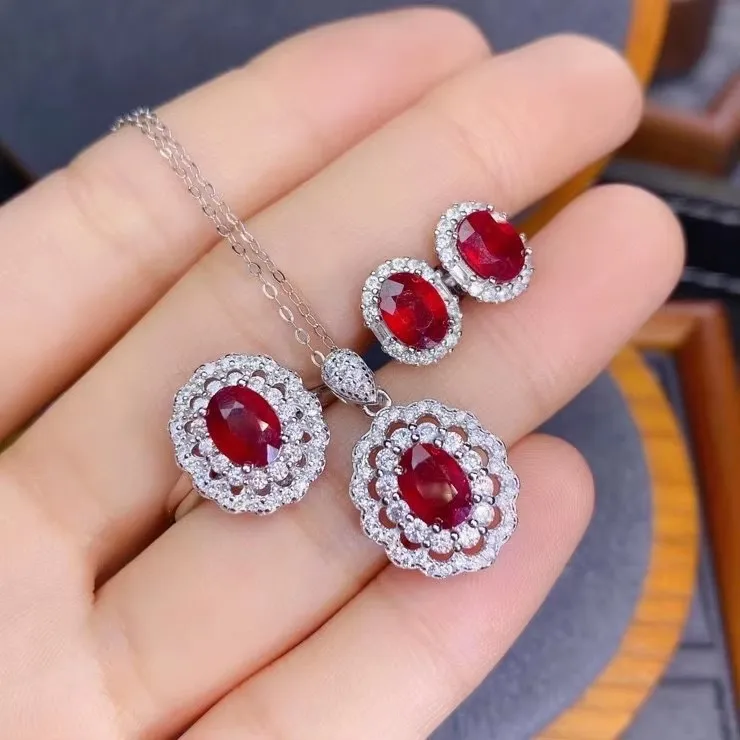 925 sterling silver electroplated white gold inlaid natural ruby ring pendant earrings women's set give girlfriend Christmas wed