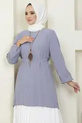 Túnica plisada para mujer, Vestido camisero de manga larga, elegante, islámico, Vintage, Dubai, Turquía, Abaya, Hijab de verano Dubai Abaya-vestido musulmán de manga completa para mujer, Túnica con cuello atado, ancla