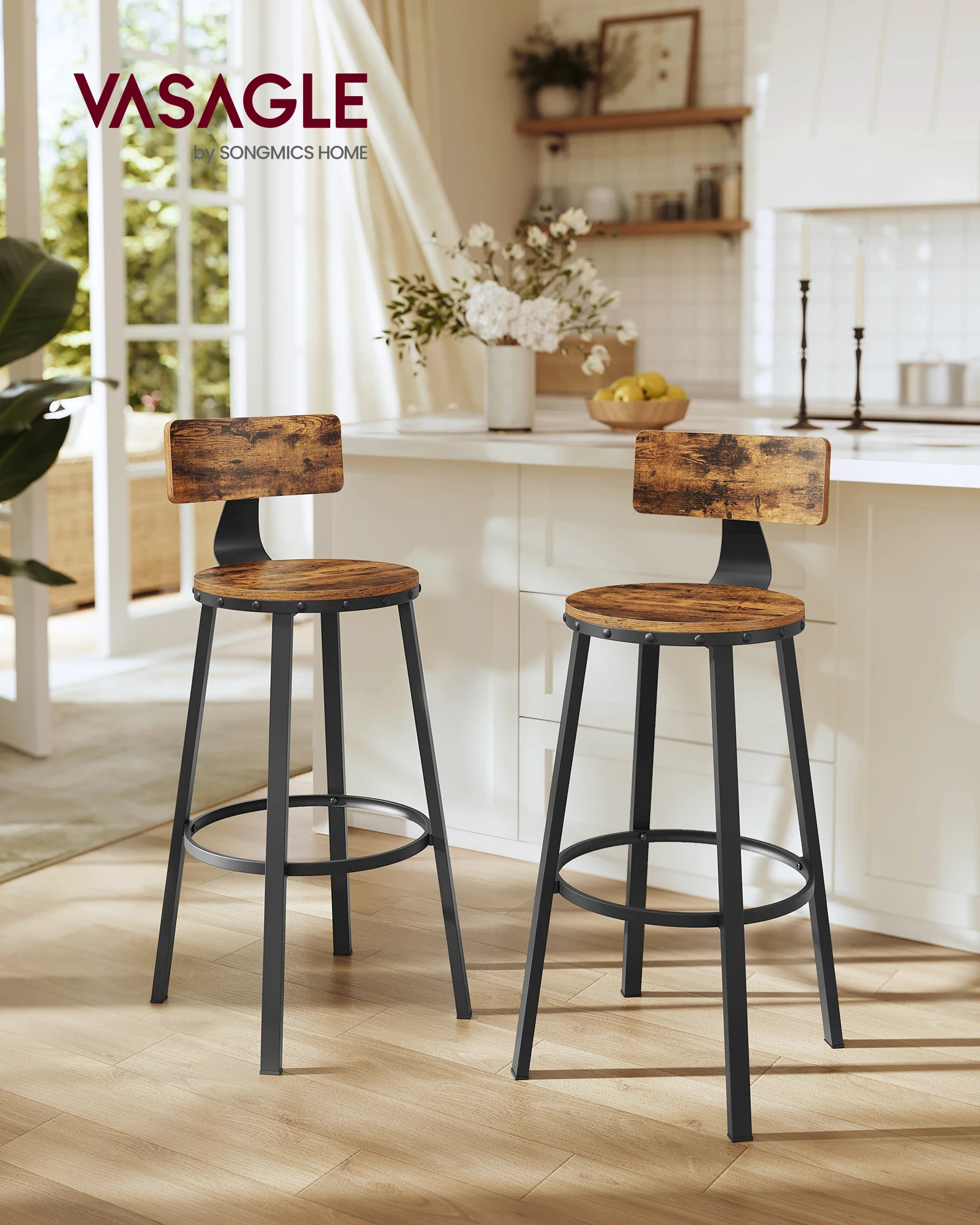 Tabouret Bar Industriel, Lot de 2, Chaises Bar Cuisine, avec Dossier, Cadre en Acier, Siège 73,5 cm de Haut, Montage Facile, Style Industriel