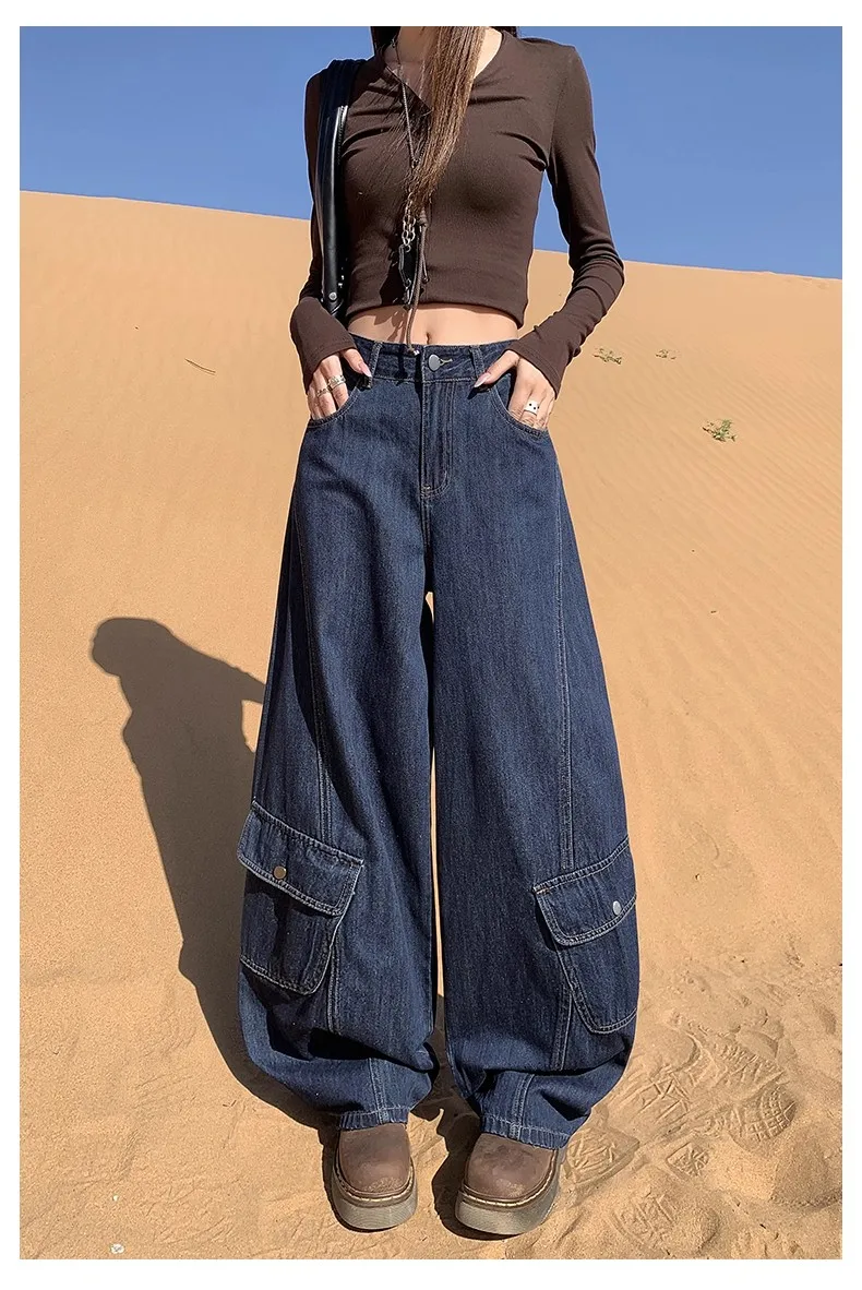 

Women's Blue Multi-Pocket Denim Workwear Pants Y2k American Street Workwear Style Loose Straight-Leg Wide-Leg Pants Long Pants