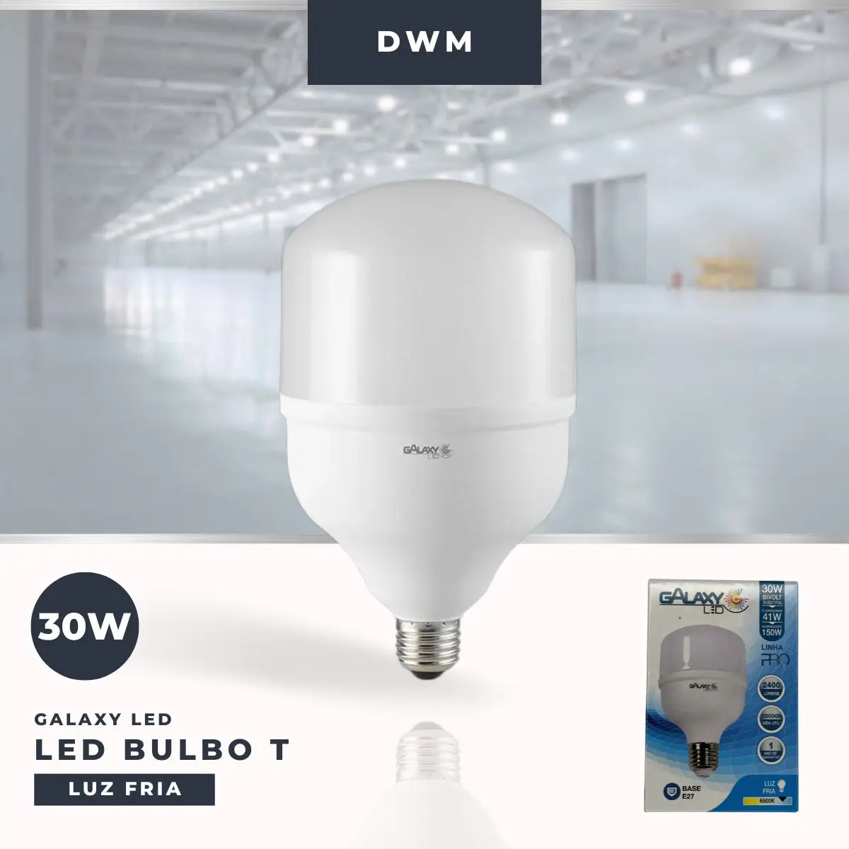 Lâmpada LED Bulbo T 30W 6500K E-27 Bivolt Branco Luz Fria - Galaxy