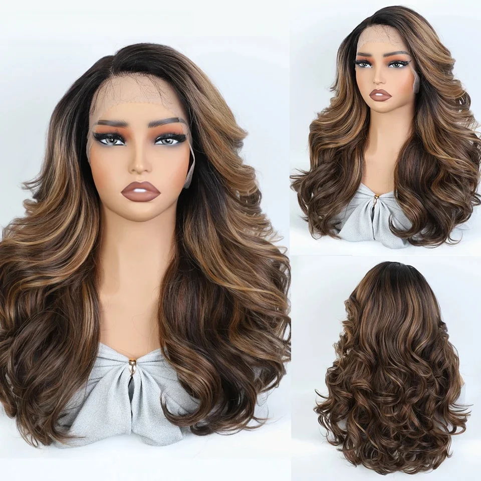 FREEDOM Synthetische Lace-Front-Perücken für schwarze Frauen, gewellte Spitzenperücke, 22 Zoll, Ombre, schokoladenbraun, blonde Perücken, Cosplay-Perücke