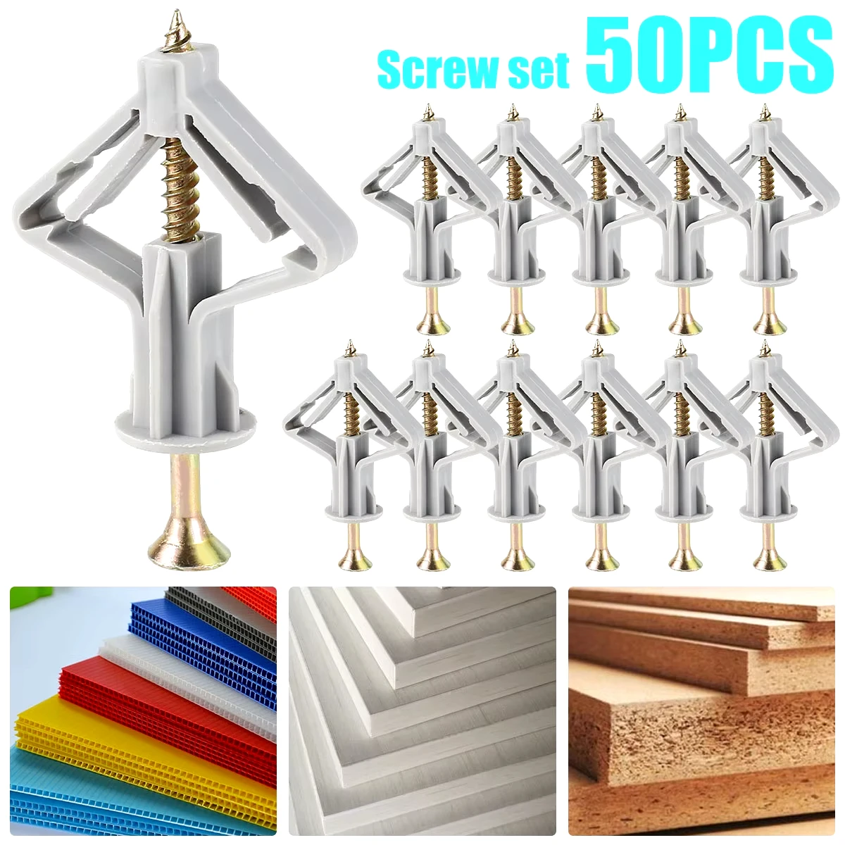 50pcs/set Plasterboard Fixings Anti-Rotate Drywall Anchor Kit Stable Expansion Tube Anchors Butterfly Type Wall Fixing Anchors