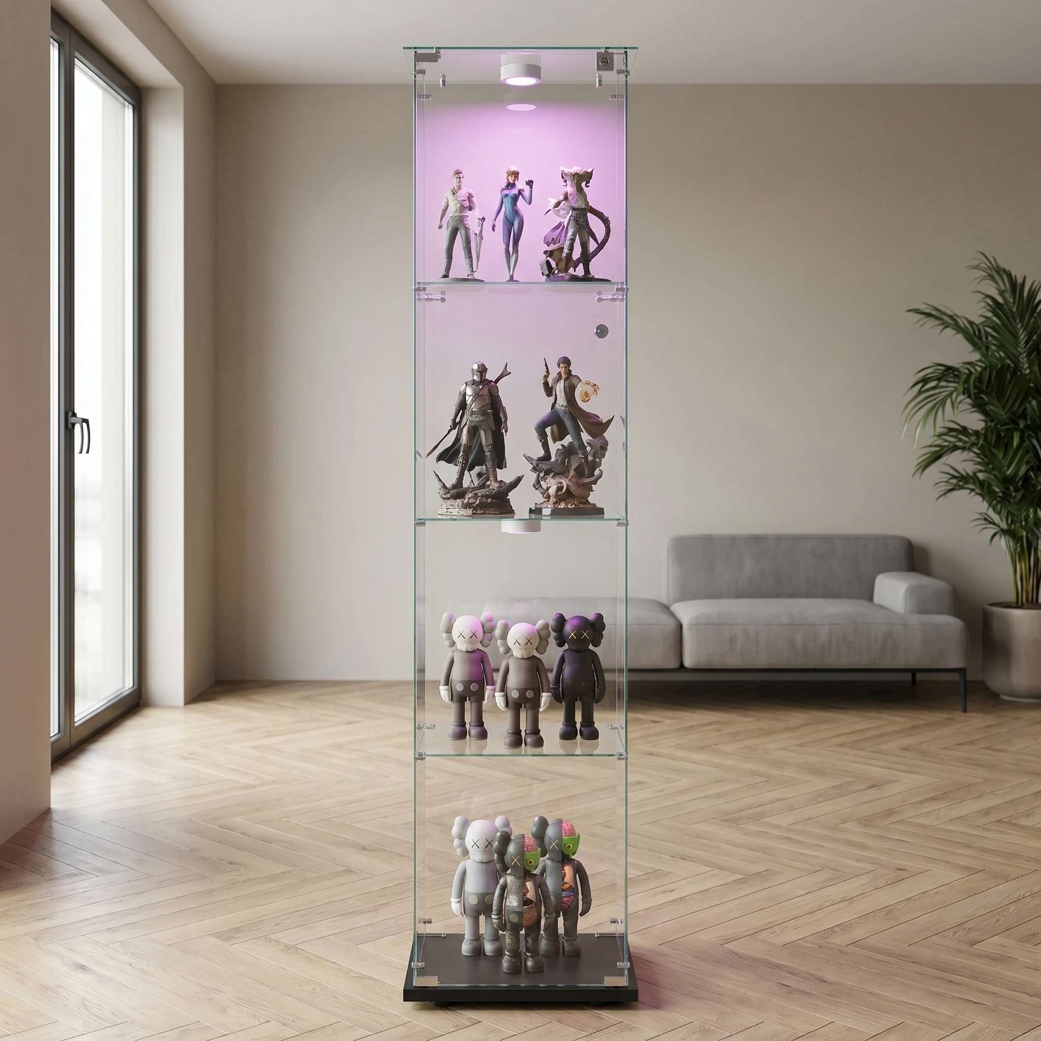 Vitrina de Vidrio Superaly con Luces LED RGB, Puertas con Cerradura y Estantes Ajustables, Gabinete para Coleccionables