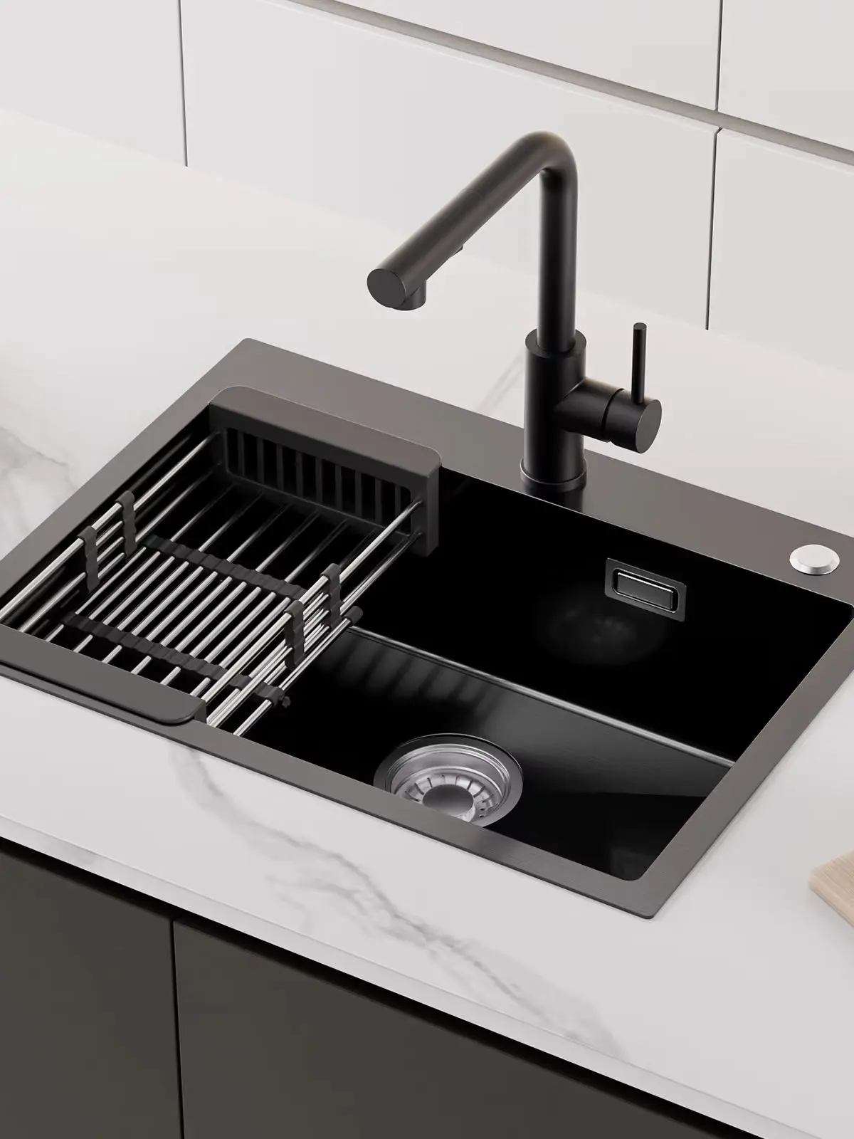 Küchenspüle Set 60x45cm mit 3-Wege Armatur Schwarz Ausziehbar Nano Edelstahl Handgefertigt Einbauspüle Spülbecken inkl. Siphon & Abtropfkorb Modern