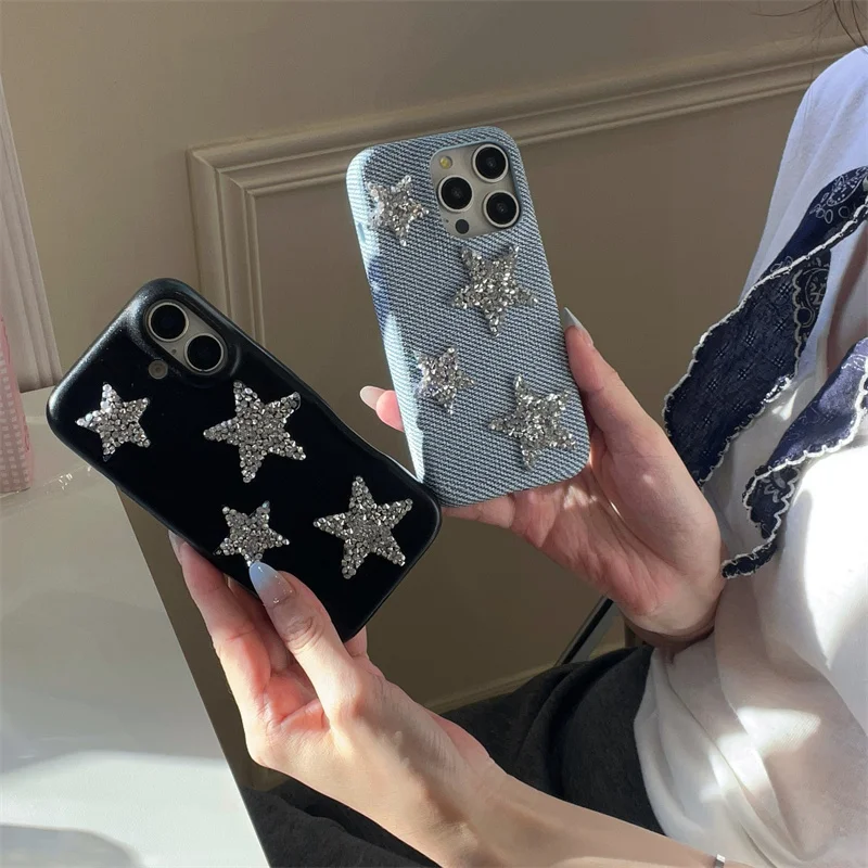 

Korean Fashion denim pattern 3D Flash drill phone case for iPhone 15promax 14Pro 13 16 Pro for women's mobile shockproof cover