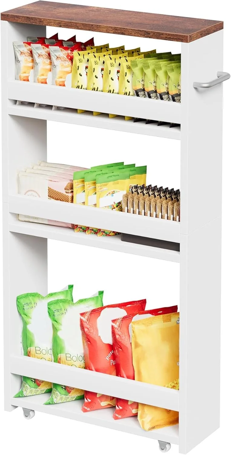 

4-уровневая белая узкая передвижная тележка для хранения, выдвижная универсальная тележка с ручкой, мобильный стеллаж-органайзер