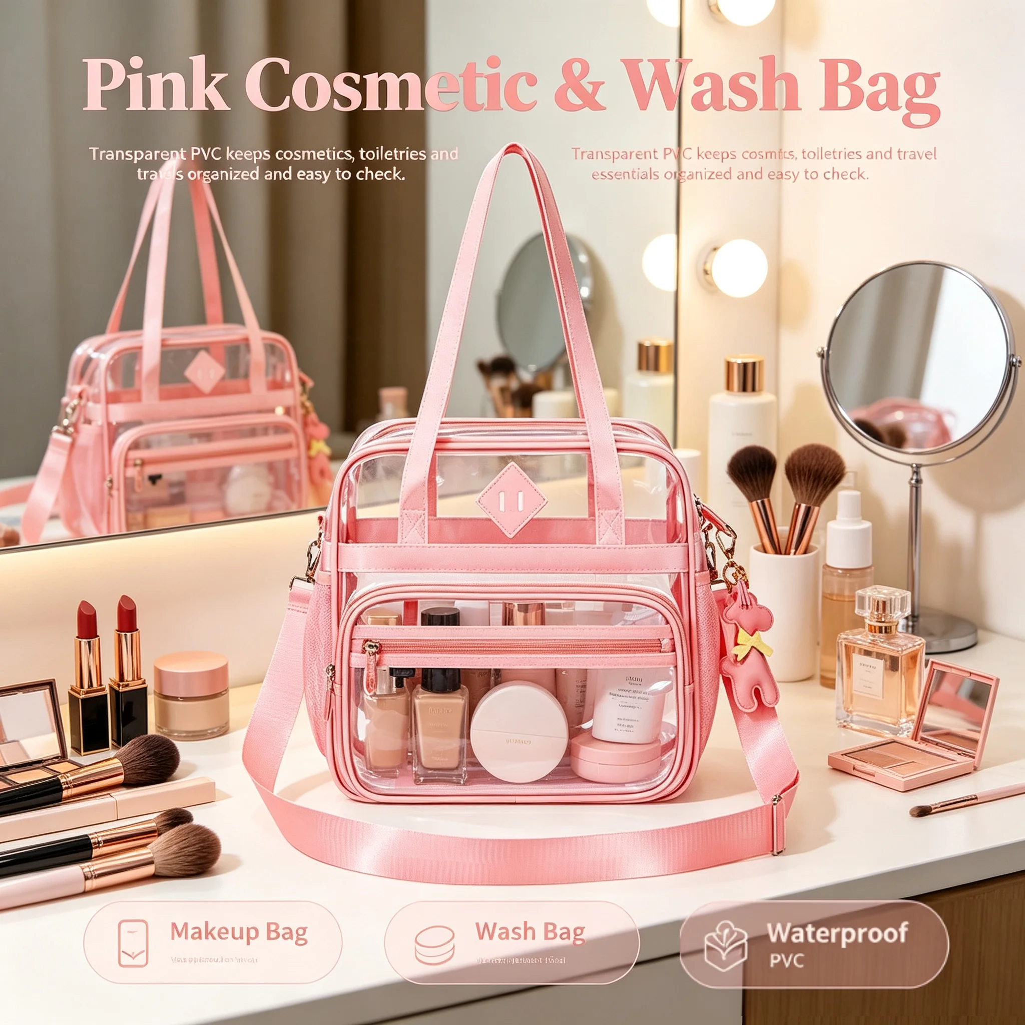 Clear Backpack School Bag Waterproof Shoulder Bag Crossbody with Zipper Pockets for Travel Makeup Organization Student Satche