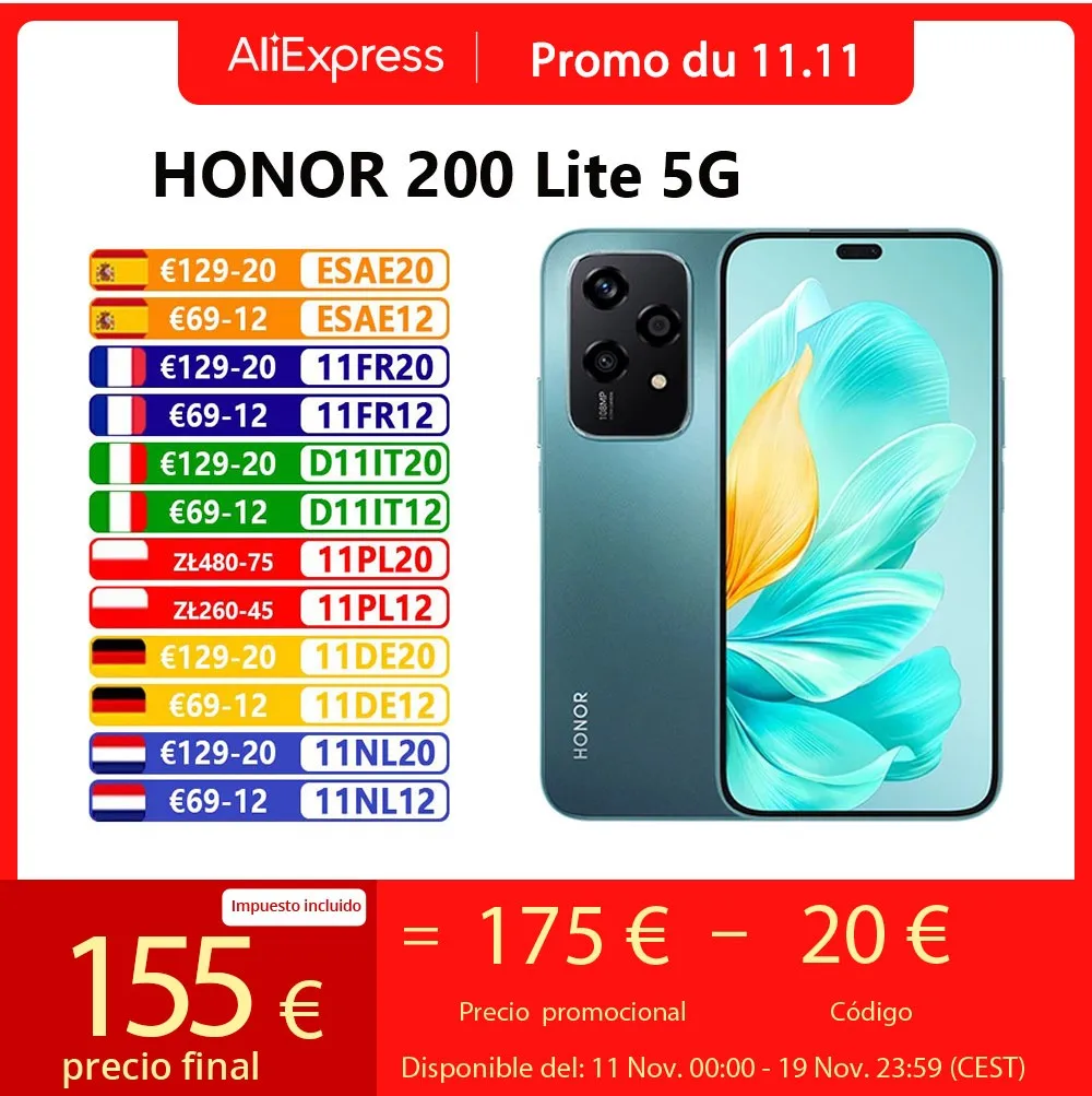 النسخة الأوروبية HONOR 200 Lite 5G الهاتف الذكي MediaTek Dimensity 6080 108MP كاميرا 4500mAh بطارية 6.7 "AMOLED عرض NFC