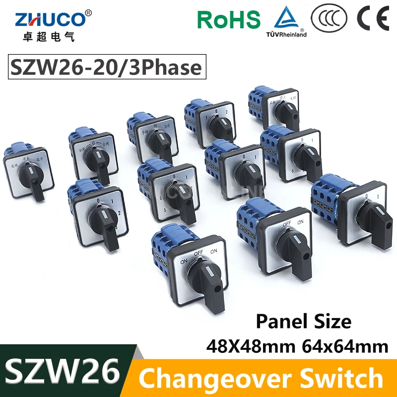 

ZHUCO SZW26/LW26-20 20A 660V 64X64 mm 48X48 mm Panel mount 3 Poles 12 screws Power Knob Selection Cam Rotary Changeover Switch