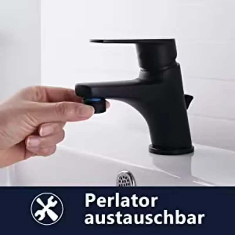 Grifo de Lavabo, Mezclador Lavabo, Latón Negro Mate, Grifería de Baño para Lavabo, Monomando Agua Fría y Caliente, Aireador Neoperl, Ahorro de Agua, Válvula de Cerámica, Manguera 60cm, G3/8 Standard