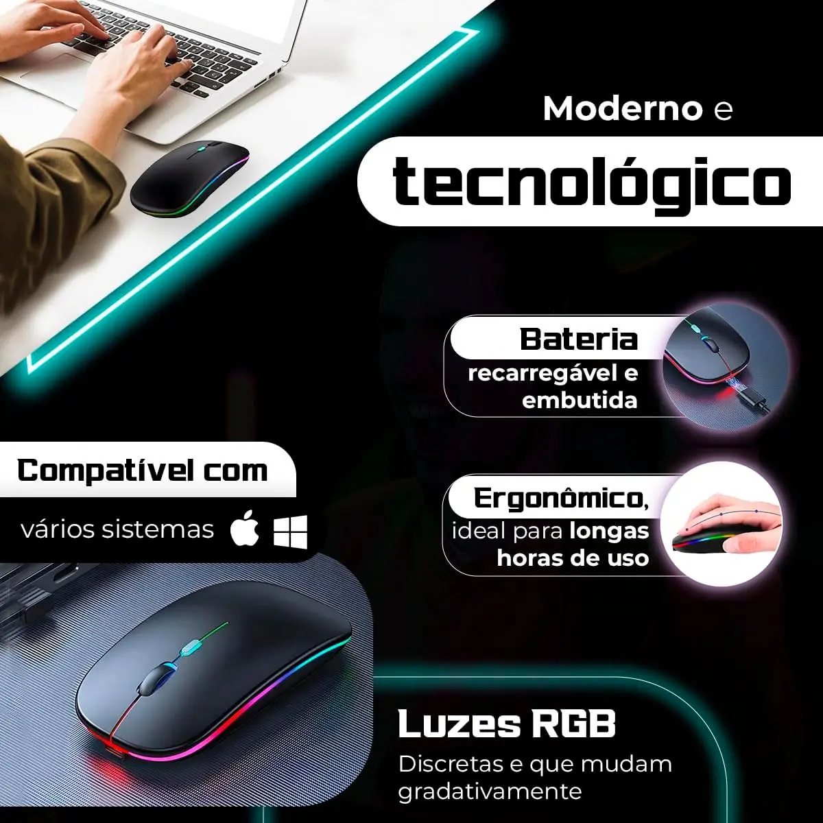ماوس لاسلكي قابل لإعادة الشحن Led Rgb 2.4 جيجا هرتز سماعة لاسلكية تعمل بالبلوتوث Optico Ghz كمبيوتر محمول - رائع