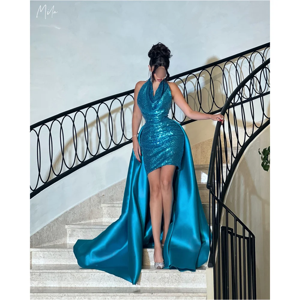 Mila Halter Neck Shiny Sequins Prom Dresses Sleeveless Mini Customized Formal Evening Satin Court Train vestidos de gala 2025