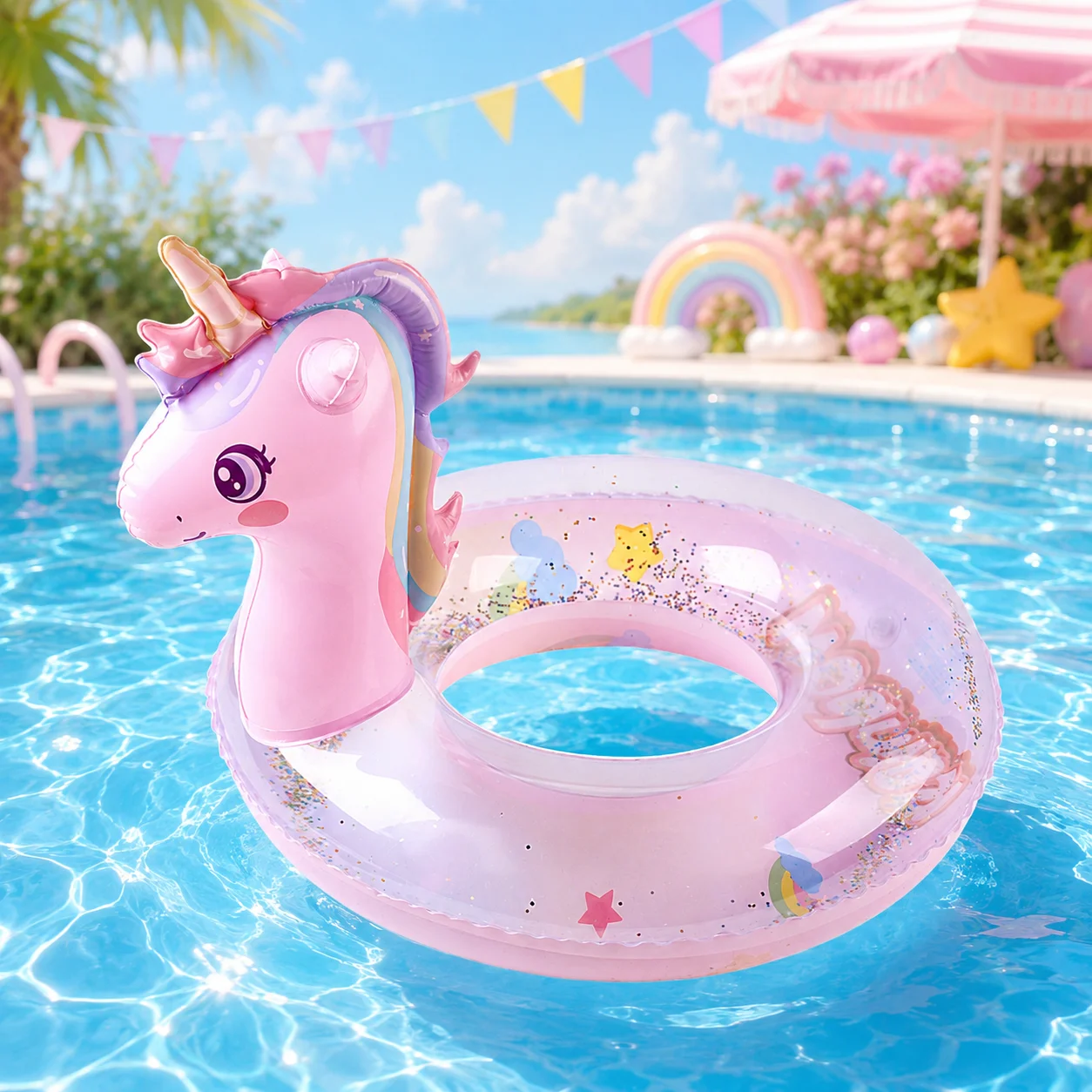 1 Stück Aufblasbarer Einhorn-Schwimmring 57cm Niedlicher Rosa Glitzer-Pool-Schwimmreifen PVC-Schwimmring für Pool Strand Sommer Wasserspaß