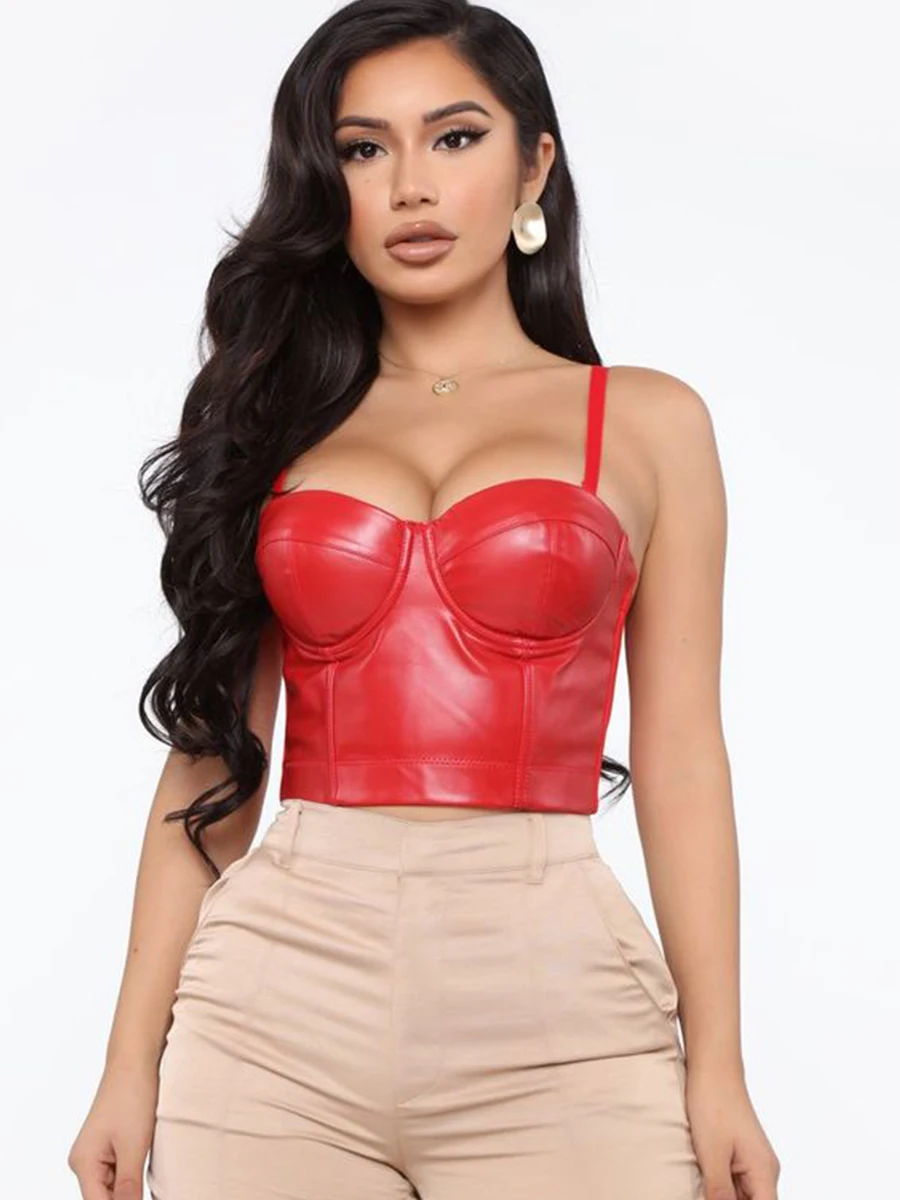 Sexy Stretch Solid PU Leather Look Bustier Crop Corset Top Party Clubwear Body Shaper