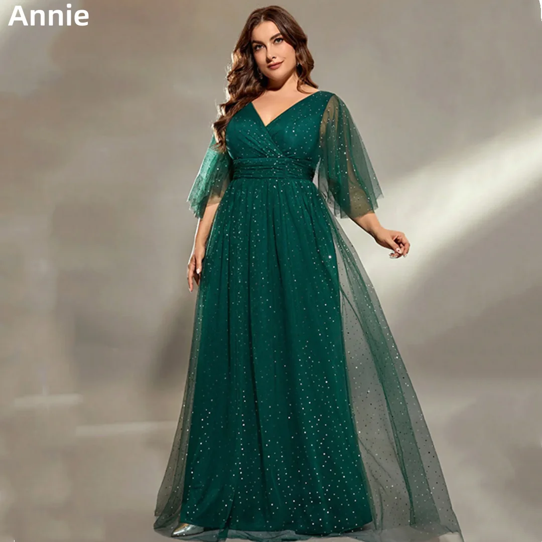 

Annie Glitter Tulle Prom Dresses Green Elegant Lady Evening Dresses A-Shape Formal Occasions Robes De Soirée Customized