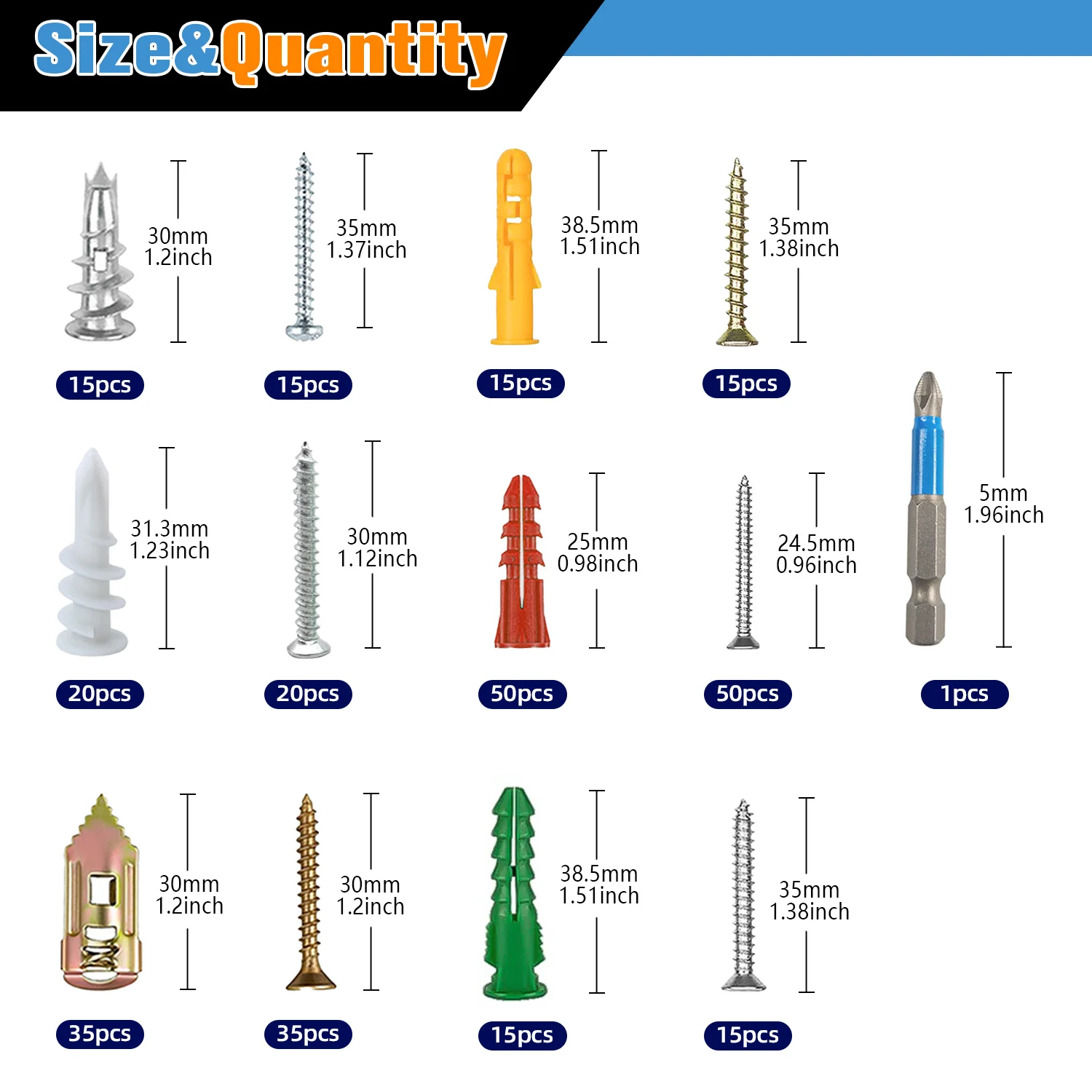 VKKM 300Pcs Drywall Anchors and Screws Assortment Kit, Plastic Wall Plugs Hollow Wall Toggle Anchors Self Tapping Screws Set with Drill Bit for Home DIY Wall Mounting