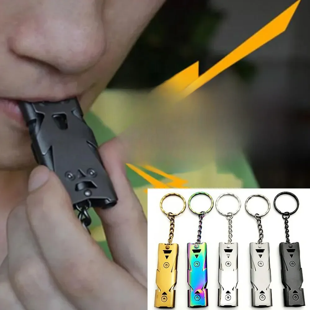 Sifflet à Double tuyau pendentif porte-clés décibel élevé Portable survie en plein air outil de Camping d'urgence sifflet multifonction 1 pièce