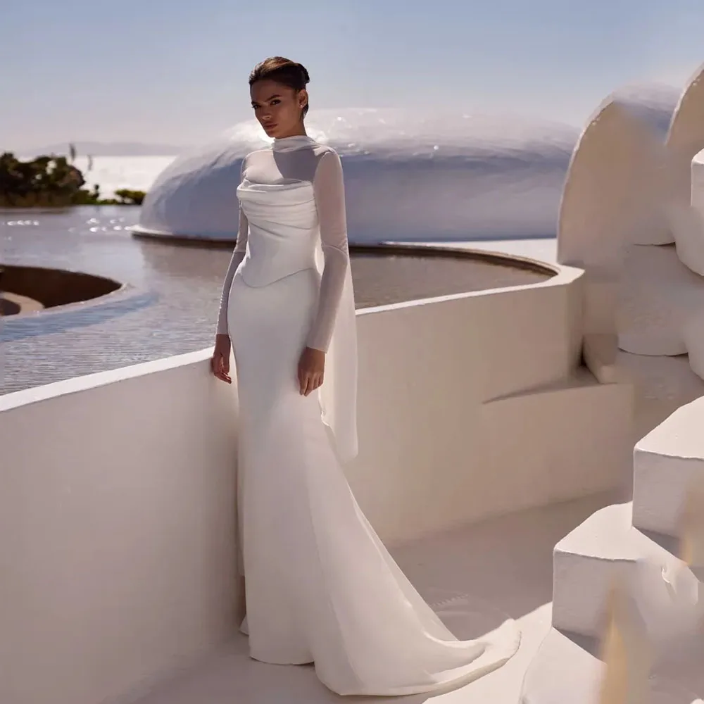 فساتين زفاف MCDV مخصصة بدون حمالات بطيات 2025 حورية البحر بأزرار خلفية بدون أكمام من الساتان فستان العروس عاجي فيستدوس دي نوفيا