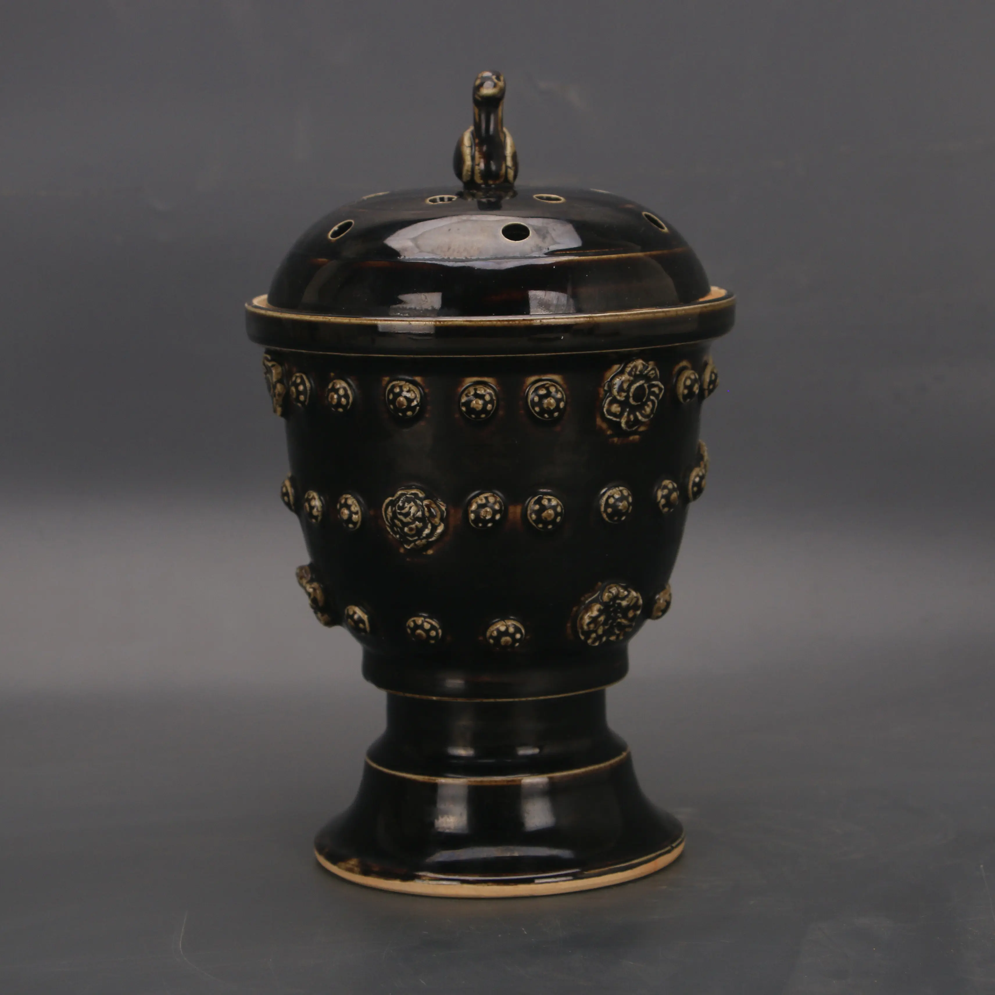 Song Dynasty Style Black Ding Ware Openwork Swallow Pattern Drum Nail Incense Burner Handmade Ceramic Home Decor Collectible