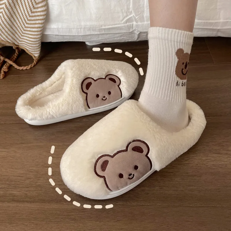 

Comwarm Cute Animal Fur Slipper For Women Men Fashion Kawaii Fluffy Winter Warm Slippers Lovers Cartoon Teddy Bear House Shoes