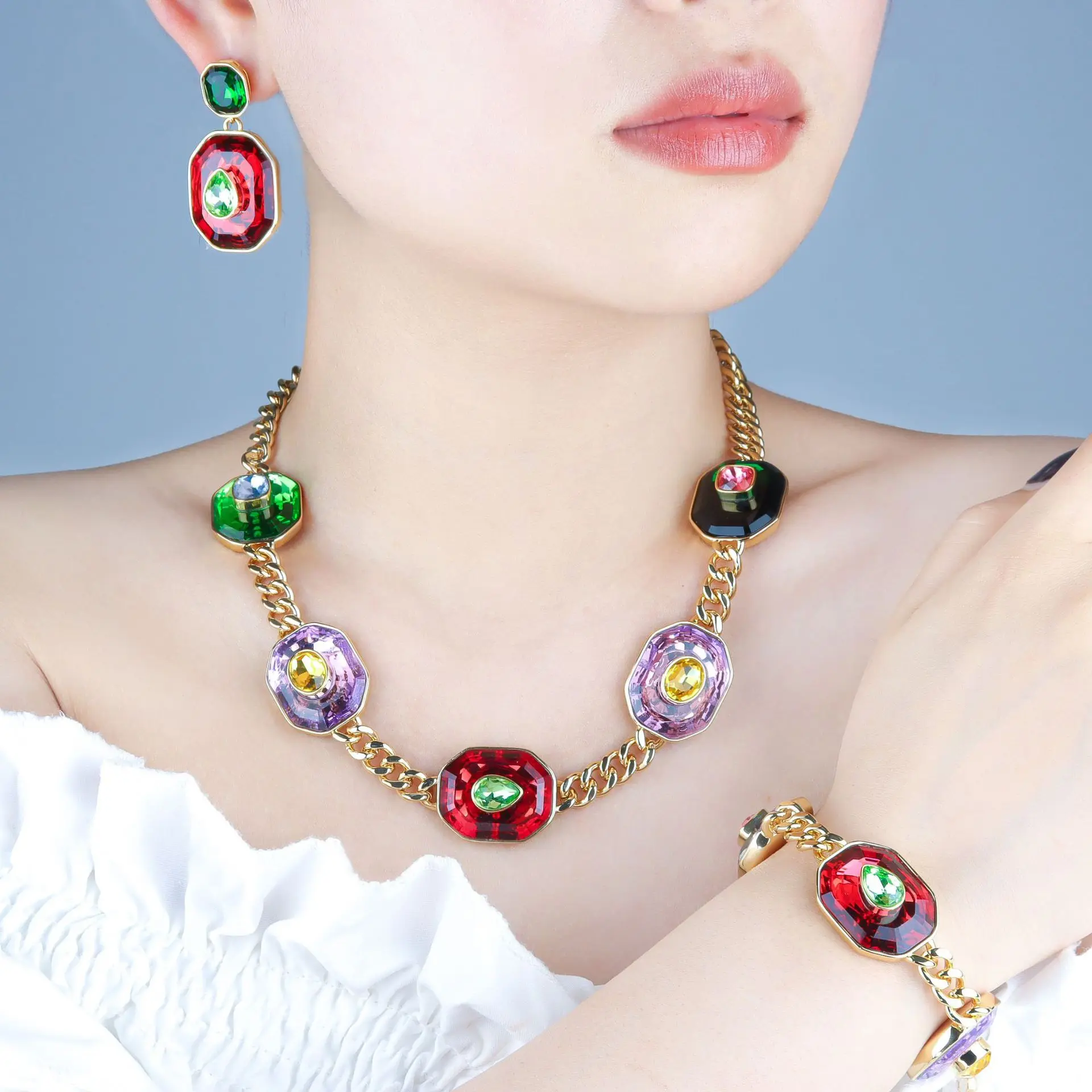 

INS Funky Crystal Necklace Women Colourful Big Gems Gorgeous Earrings Bracelet 3 Piece Set Party Match Gown Birthday