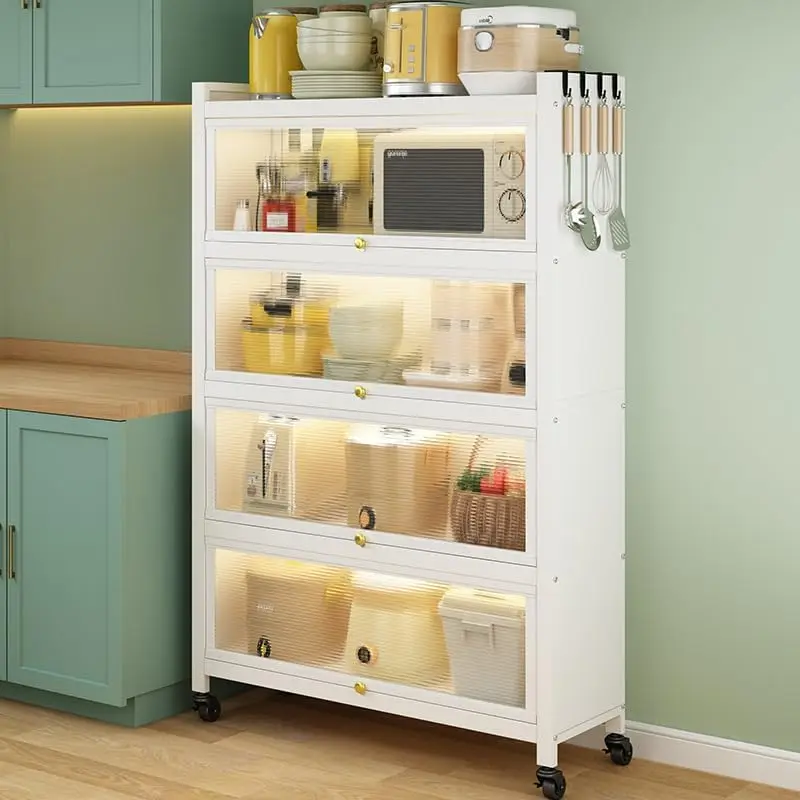 5-Tier Storage Cabinet,Standing Shelf Units with 4 Door Bookshelf Bookcase with 4 Wheels Storage Rack,White 144 * 80 * 32cm