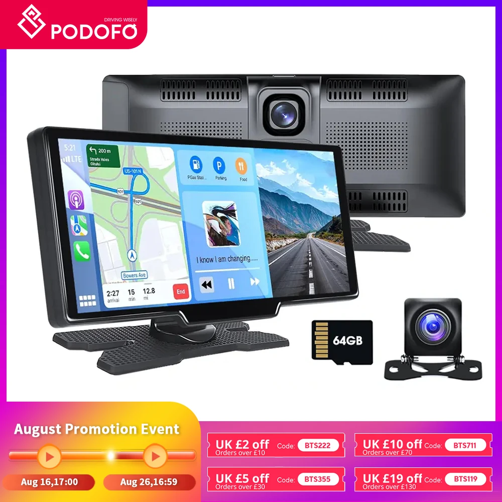 Podofo Wireless Carplay Android Auto Portable Digital Dashboard 10.26 Inch Smart Player With Voice Control Foward Camera BT