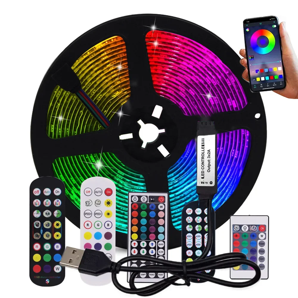 Bande lumineuse LED RGB USB 5050, 5V, télécommande Bluetooth, 5m, 10m, rétro-éclairage TV, décor de vacances, 0.5m, 1m, 2m, 3m, PCB noir