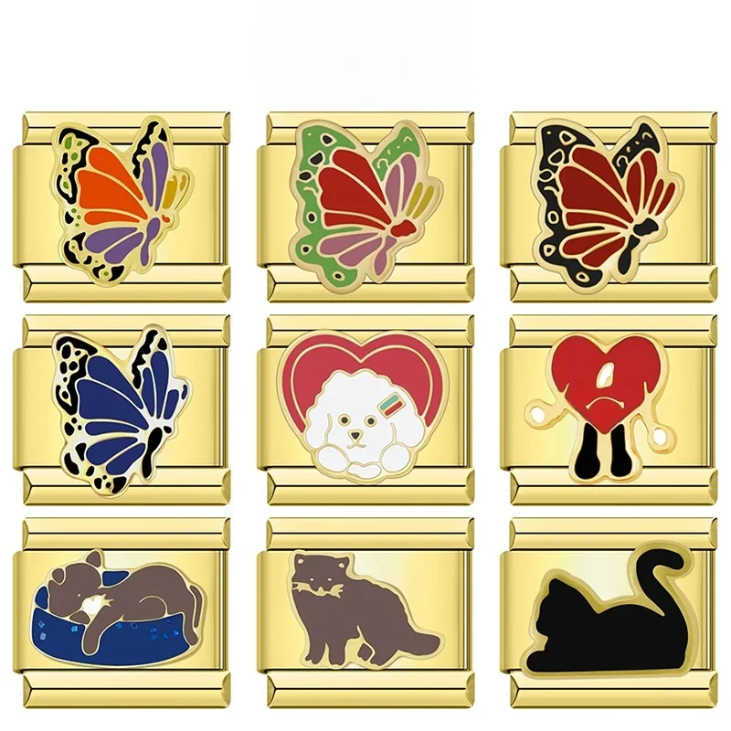 Hapiship livraison directe 2024 papillon chat doré italien charme liens ajustement 9mm Bracelet en acier inoxydable bijoux en gros DJ1404-A