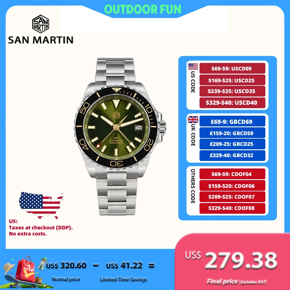 

San Martin 39 мм автоматические мужские часы NH34 спортивные GMT дайвинг 20 бар эмалевый циферблат с сапфировым стеклом AR наручные часы с автоподзаводом Montre SN0136