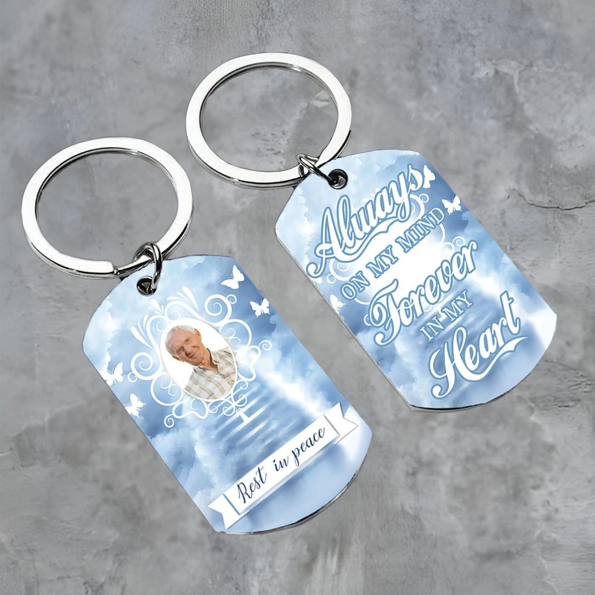 Porte-clés commémoratif, acier double face. Souvenir funéraire personnalisé, cadeau de réconfort chaleureux pour les amis à l'occasion d'un anniversaire