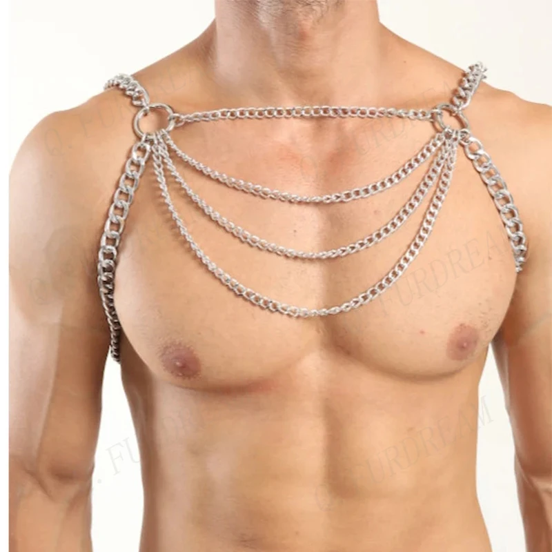 Men's Sexy Body Chain Bikini Bra Ring Chest Chain Nightclub Festival Rave Costume Goth Punk Back Accessories