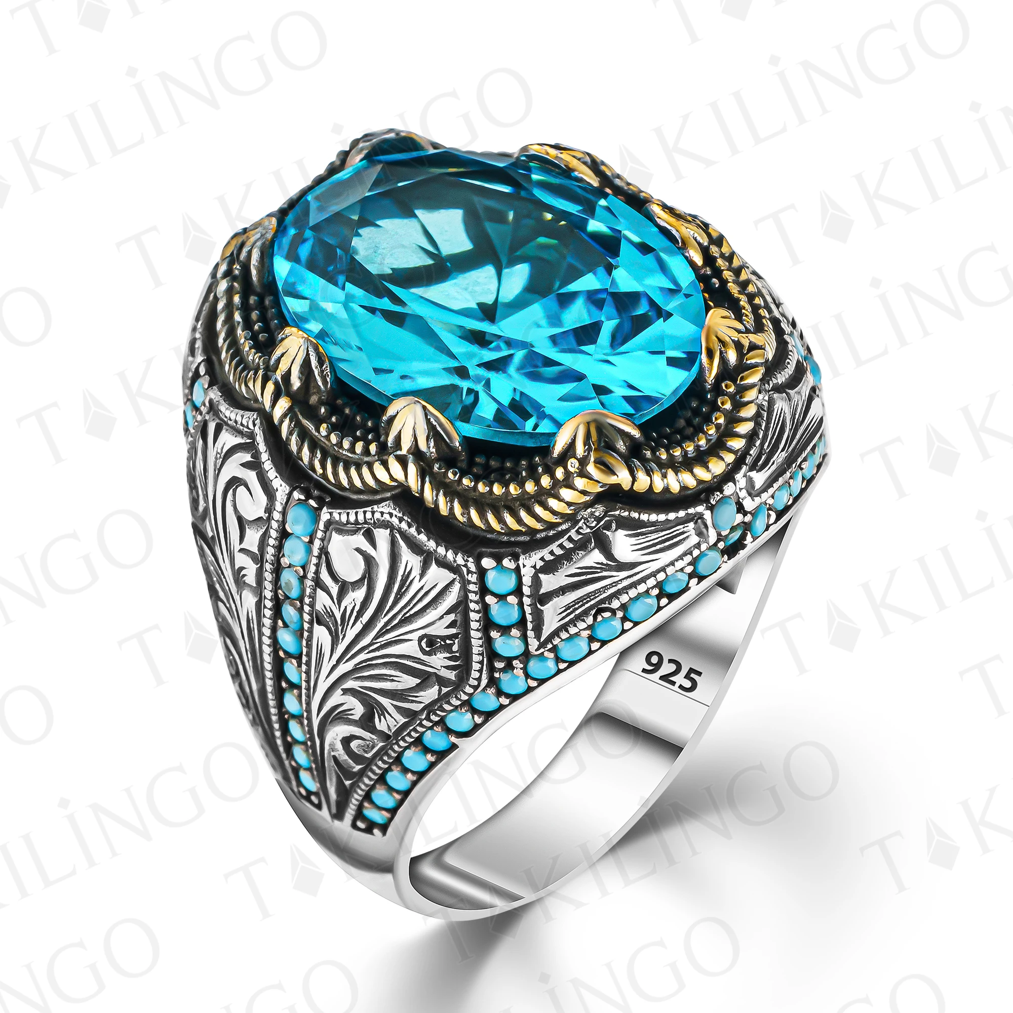 925K Sterling Silver Cubic Blue Aquamarine Stone Men's Ring Turkish Turquoise Stone Handmade GemstoneModel Ring