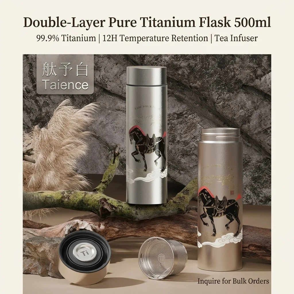 Taience Titanium Water Bottle 500ml Double Layer Pure Titanium Insulated Thermos with Tea Infuser Leak Proof Gift Box
