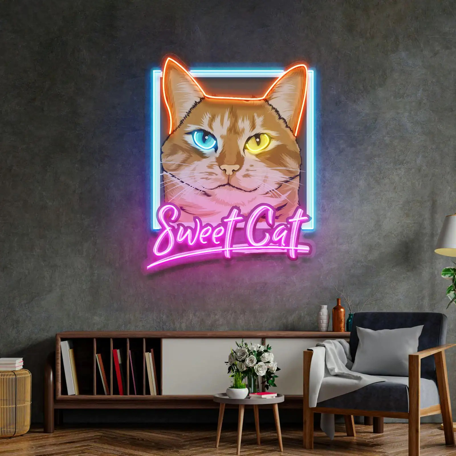 Sweet Cat Neon Sign Pop Art Wall Decor UV Printed Game Room Sign Cute Pet Animal Home Decor Birthday Gift for Kids Bedroom Sign