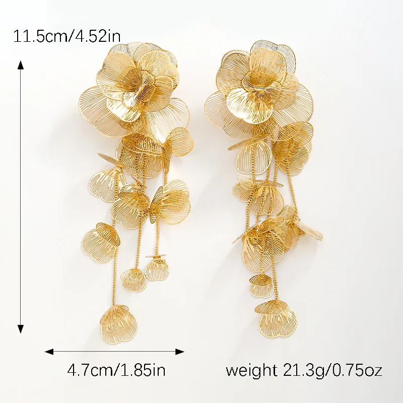 ZAA Raised Floral Earrings Elegant Metal Geometric Tassel Drop Earrings for Women Luxury Textured Statement Accessory Party Gift