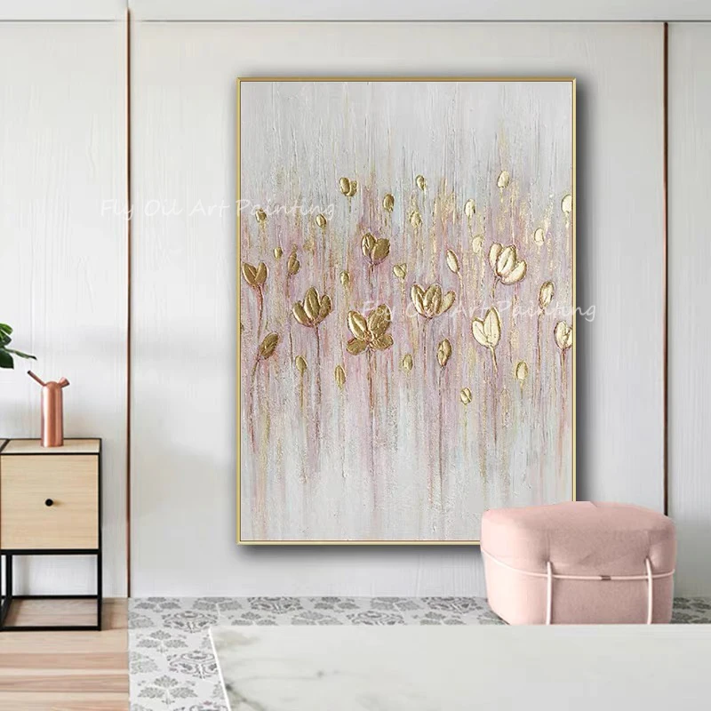 

Gold foil landscape flower thick modern Large Size 100% Handpainted Oil Painting Porch Aisle for living room decoration