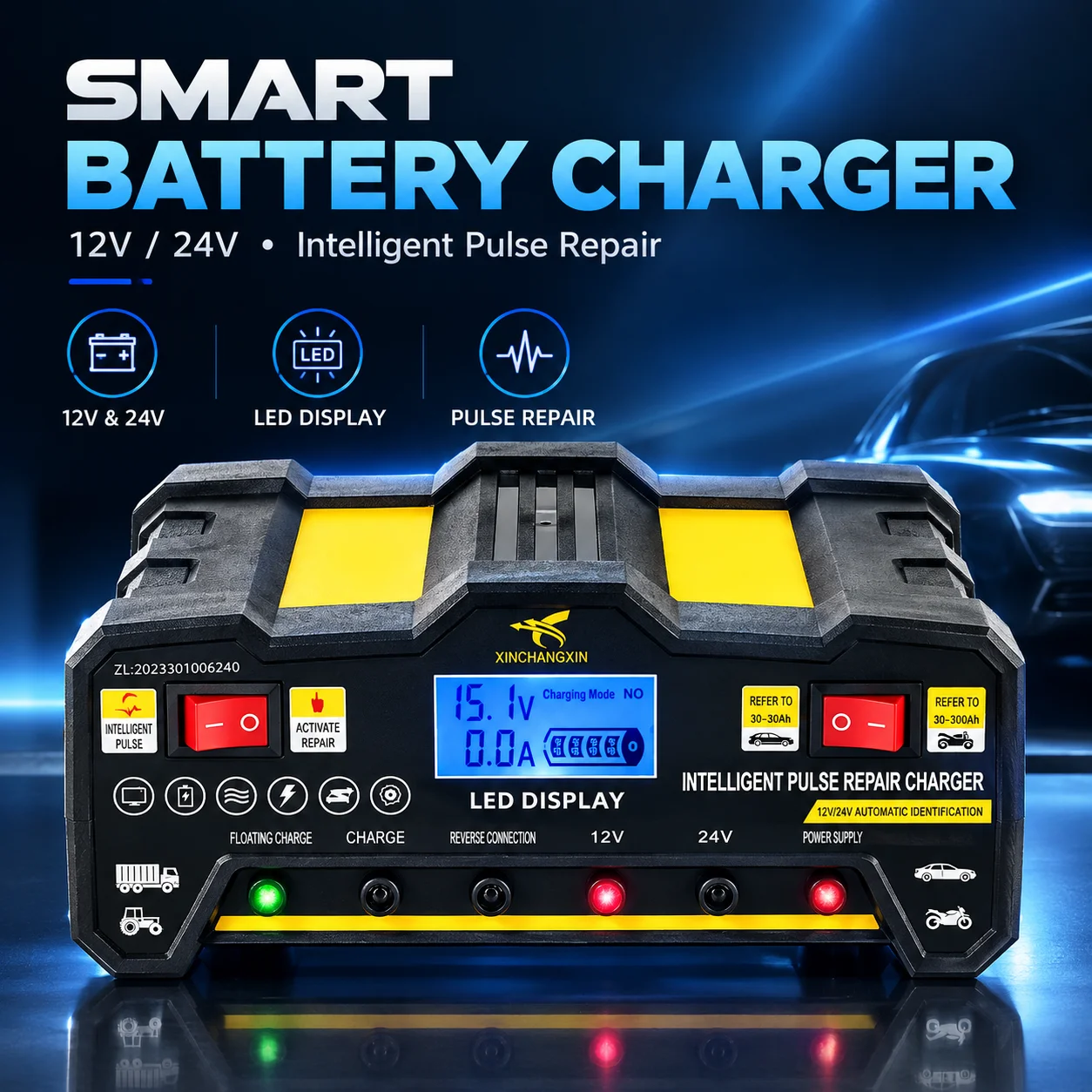 Smart Pulse Repair Batterieladegerät, EU-Stecker 12V/24V Automatisches Auto-Motorrad-Blei-Säure-Batterieladegerät mit LCD-Display