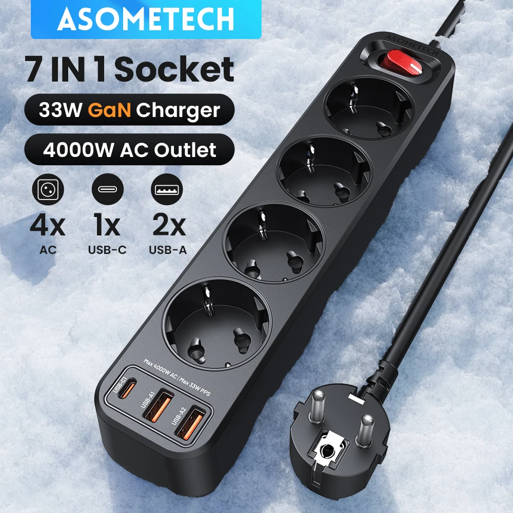 ASOMETECH 4000W Power Strip Multi Outlet 1.5M Extension Cord Network Filter With 3 USB PD 33W PPS Fast Charging Surge Protector