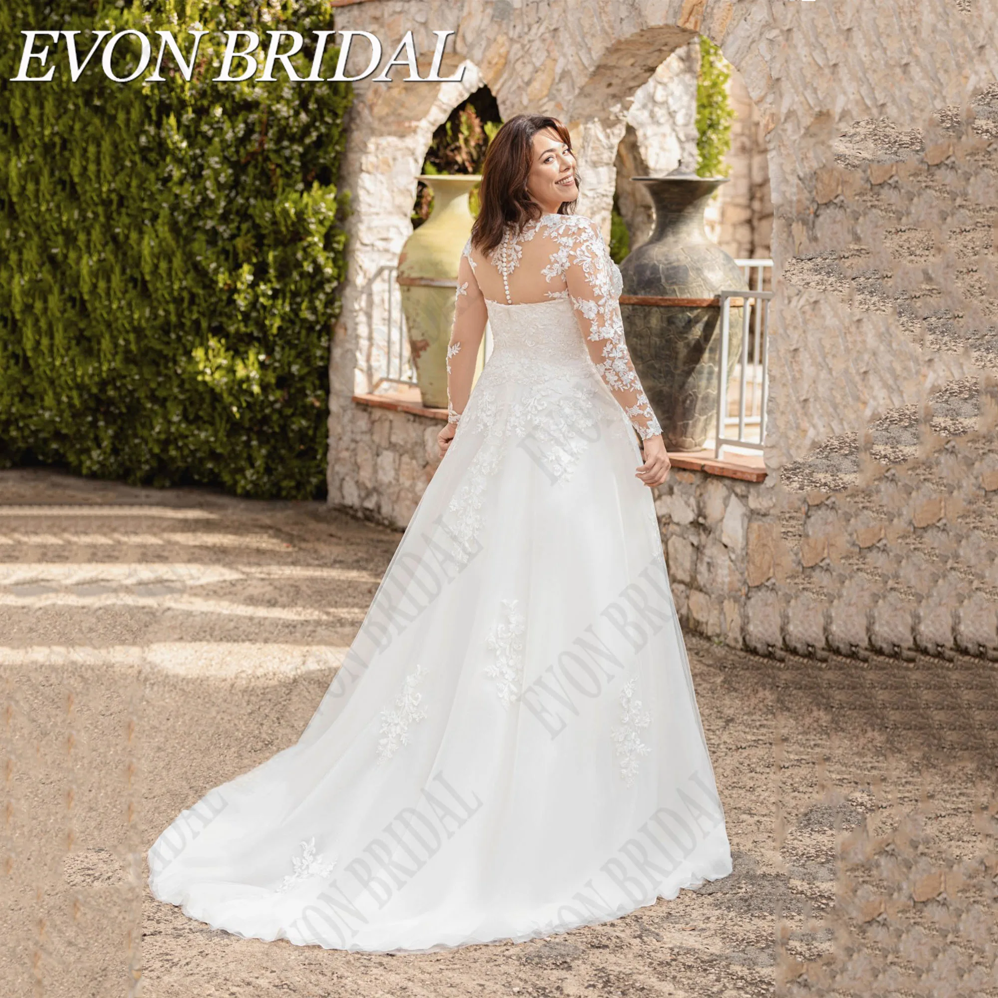 EVON BRIDAL Brautkleid mit Tüllapplikation und langen Ärmeln, Übergröße, A-Linie, V-Ausschnitt, Brautkleider, rückenfrei, Hochzeitskleid, individuell gestaltet