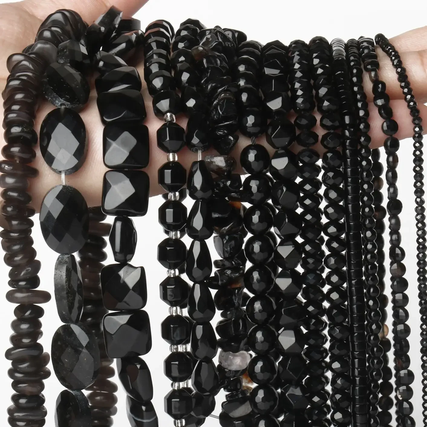 Natürlicher schwarzer Onyx-Achate-Stein, rund, facettiert, unregelmäßig, glatt, Rondelle-Perlen für Schmuckherstellung, DIY-Charms, Armbänder, Halsketten