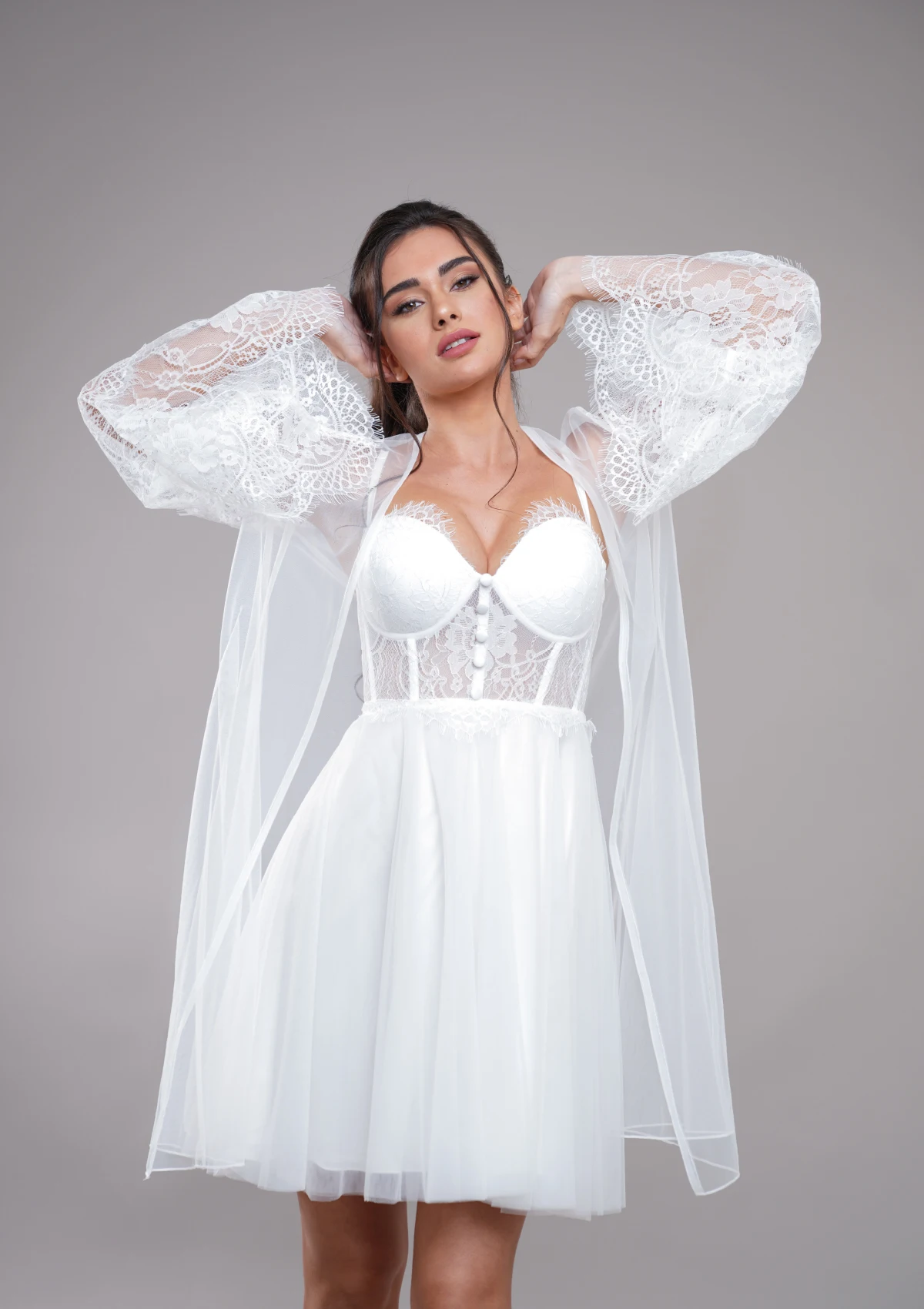 Personalizado de duas peças de renda mini noiva robe para casamento sexy mangas alargamento tule macio vestido de chá de panela feminino noite gwon 2024