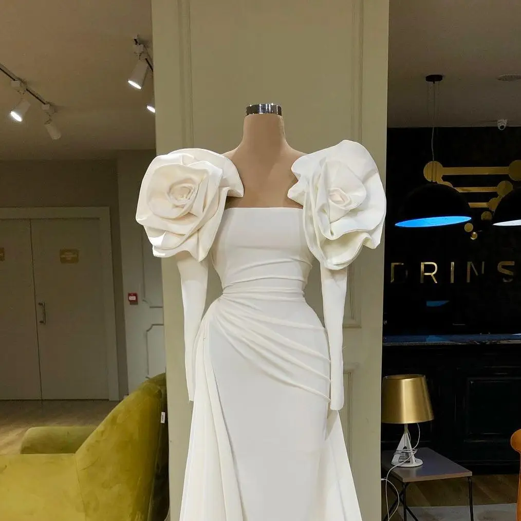 White Elegant Prom Dresses Long Sleeves With Handmade Satin Flowers Pleated Evening Gowns Custom Made Latest Vestidos De Gala