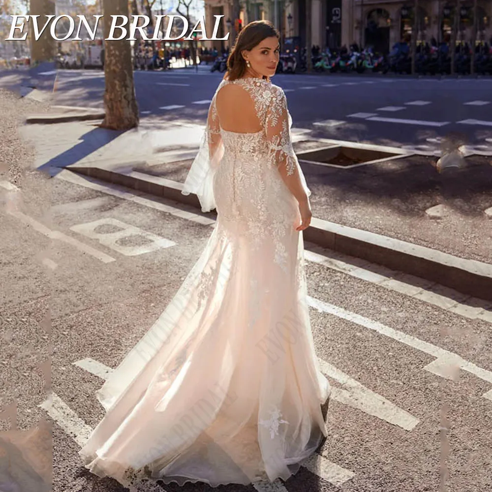 Evon bridal-マーメイドのウェディングドレス,ラージサイズ,ロングスリーブ,バックレス,ブライダルガウン,レースVネック,チュールドレス