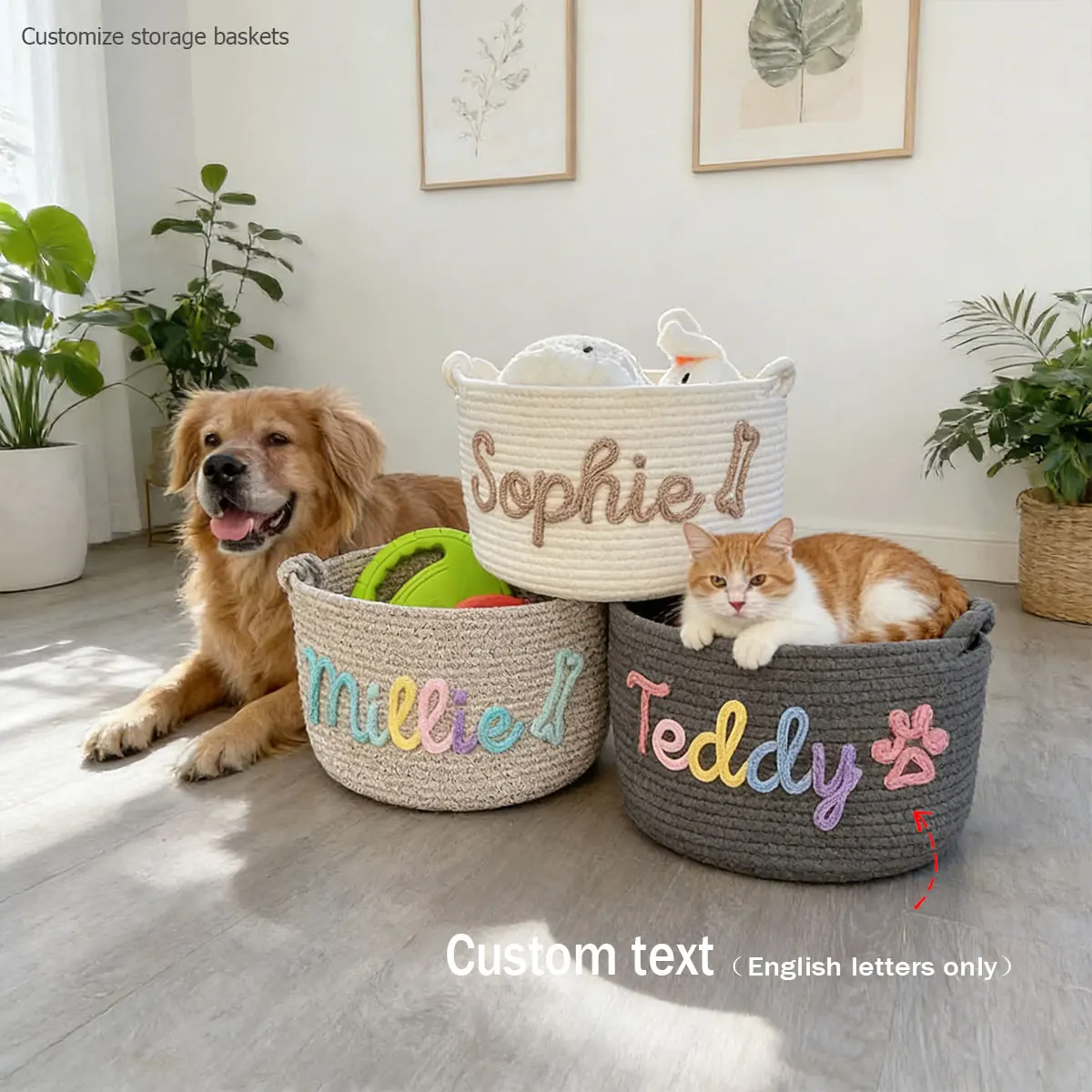 1pc Personalized Cotton Rope Dog Toy Basket, Pet Toy Storage Basket, Pet Name Gift Basket, Holiday Decoration Gift, Easter Gift