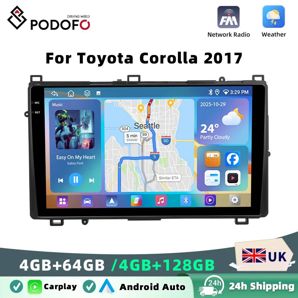 Podofo 4GB+64GB Car Radio For Toyota Corolla 2017 Wireless Carplay Android Auto Multimedia Video Player Mirror Link 9'' GPS BT