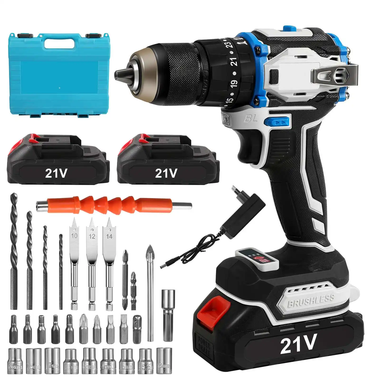 Taladro percutor inalámbrico sin escobillas de 70 Nm de alto torque con luz LED automática, 31 accesorios, herramienta eléctrica compatible con batería Makita