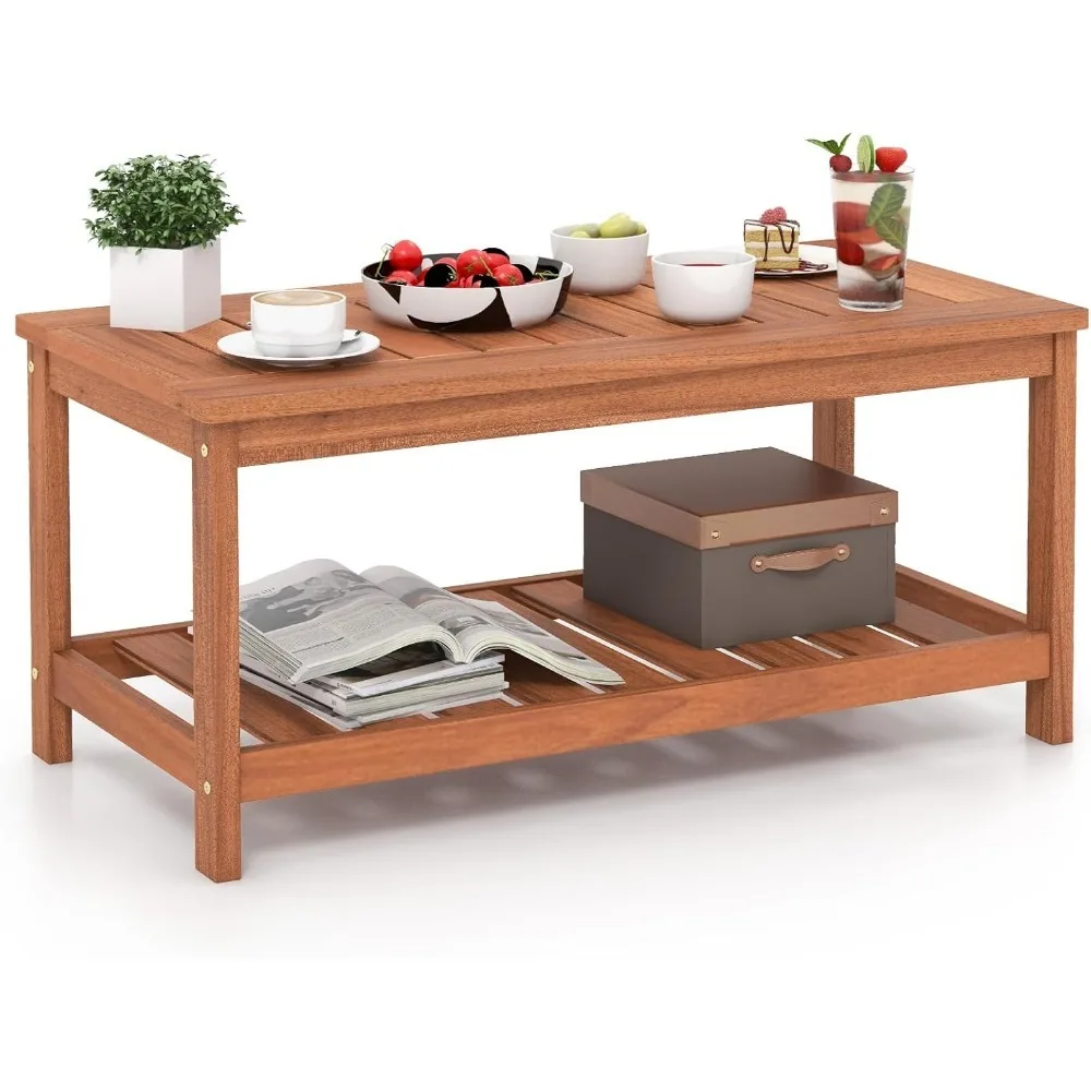 

Hardwood Patio Coffee Table - 2-Tier Wooden Coffee Table with Slatted Tabletop & Storage Shelf, Outdoor Rectangular Center Table