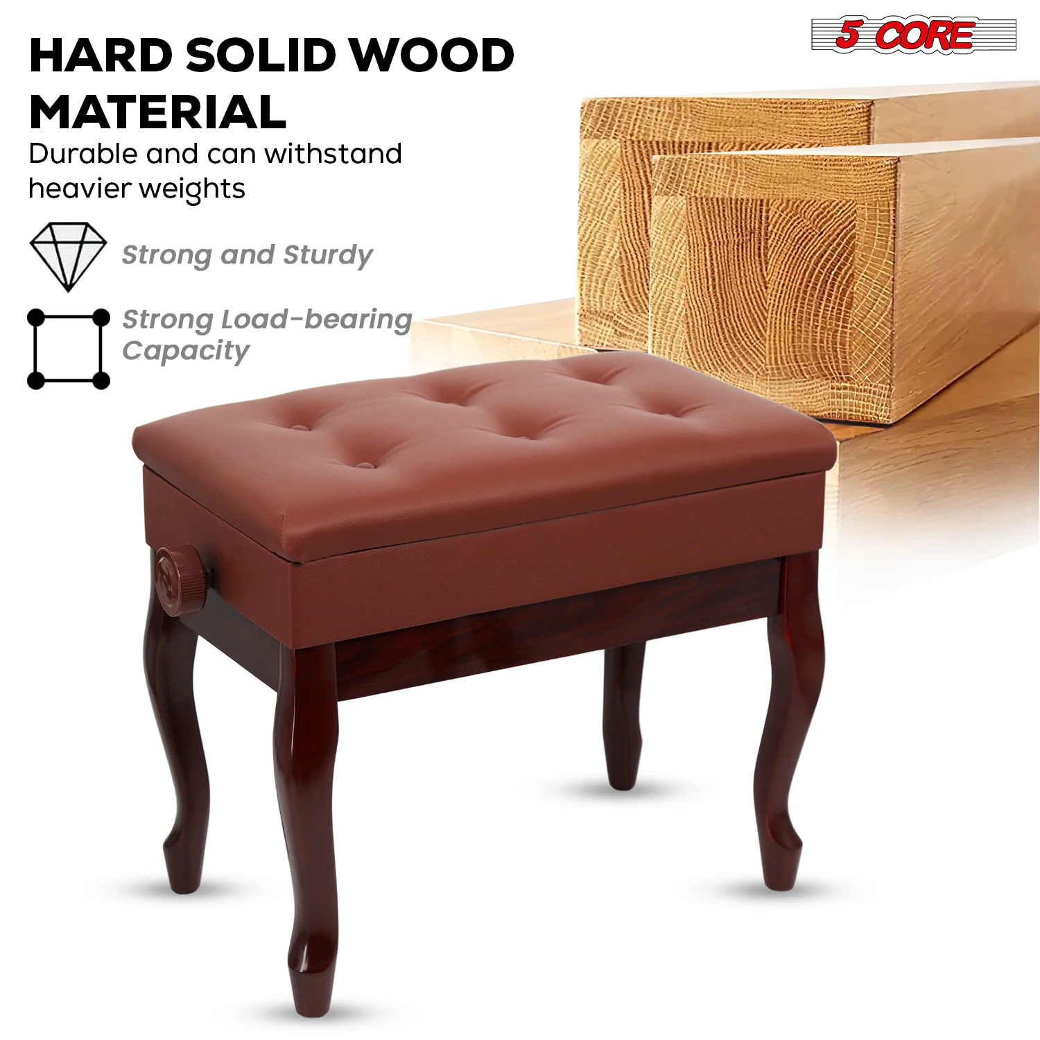 5 Core Piano Bench with Storage Wooden Adjustable Keyboard Stool Heavy Duty Padded Cushioned Seat PNB WD HD CHRY view 6